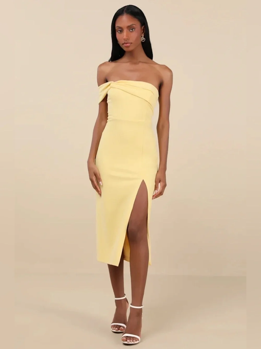 Lulus Twist and Make Up Light Yellow One-Shoulder Bodycon Midi Dress